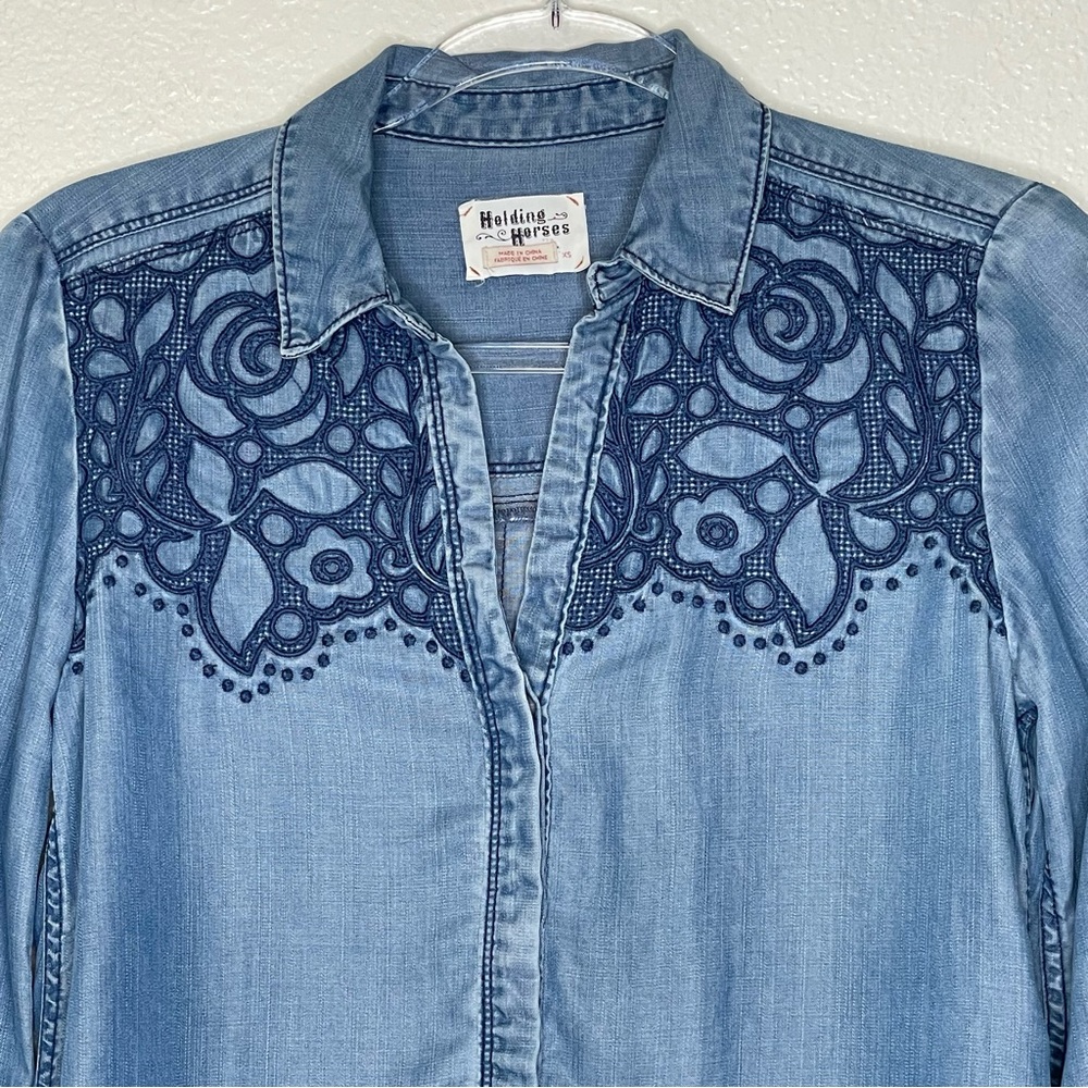 HOLDING HORSES Blue Denim Button-Down Shirt with Embroidered Yoke - Picture 3 of 9